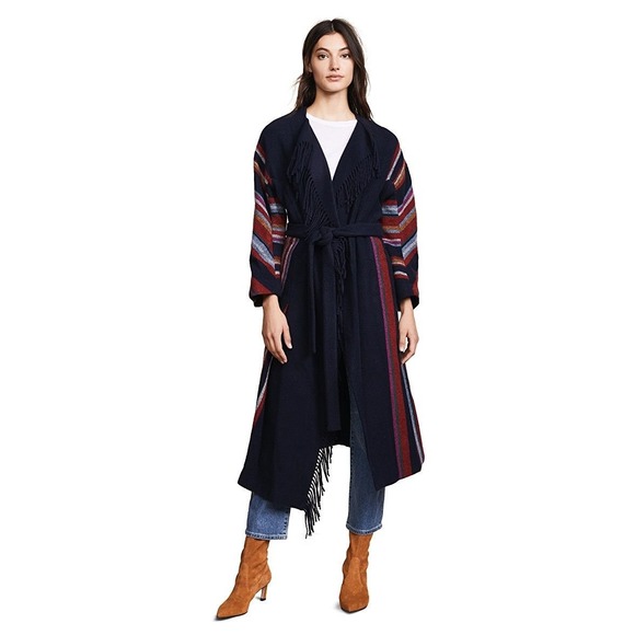 Tory Burch Jackets & Blazers - Tory Burch Sample‎ Belted Fringe-trimmed Striped Wool Coat Blue Size Small